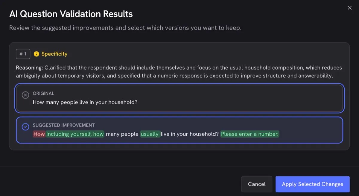 AI Validation — review reasoning, compare original vs. improved wording, and apply changes