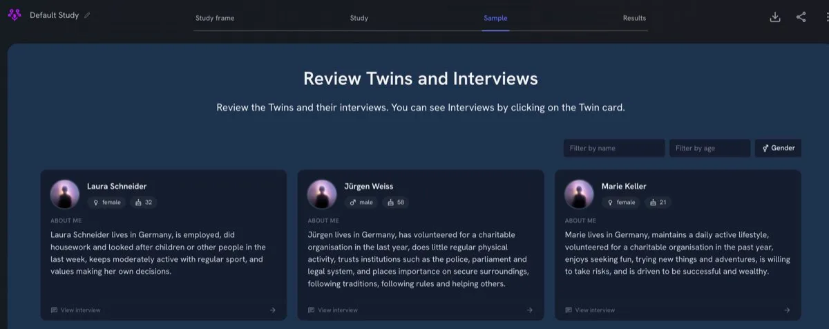 Browse twin profiles — each card shows demographics and a personality summary