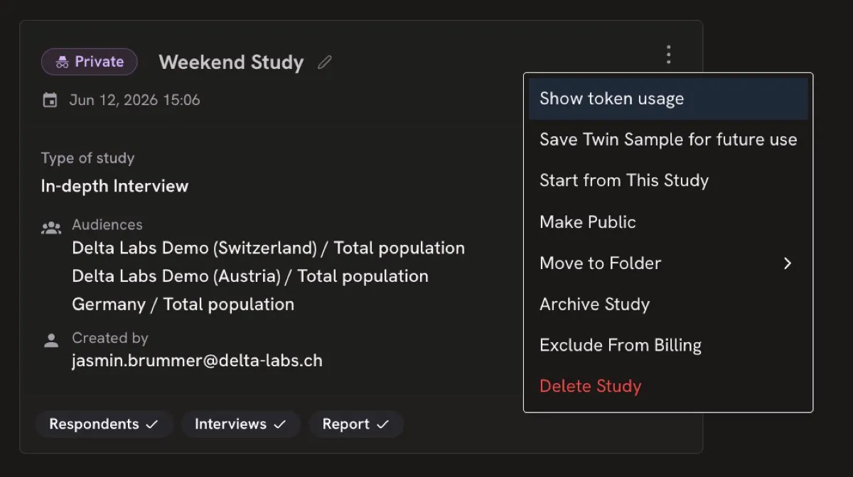 View token usage for a completed study in the platform